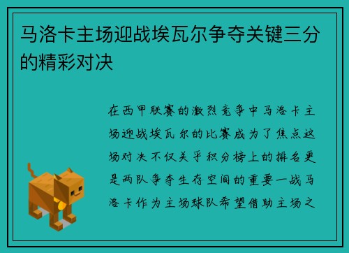 马洛卡主场迎战埃瓦尔争夺关键三分的精彩对决