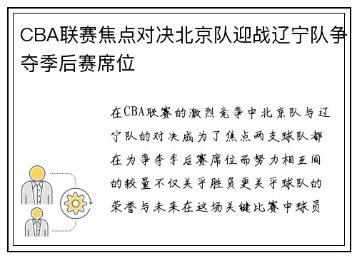 CBA联赛焦点对决北京队迎战辽宁队争夺季后赛席位