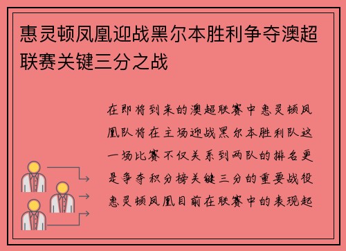 惠灵顿凤凰迎战黑尔本胜利争夺澳超联赛关键三分之战