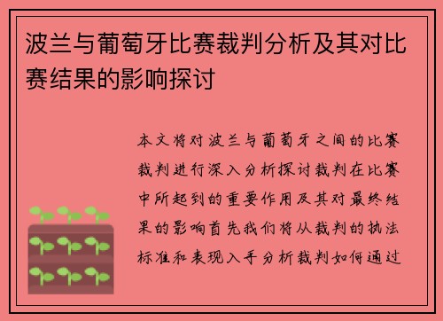 波兰与葡萄牙比赛裁判分析及其对比赛结果的影响探讨