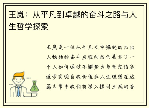 王岚：从平凡到卓越的奋斗之路与人生哲学探索