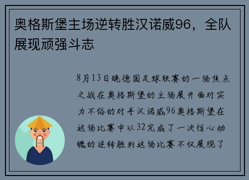 奥格斯堡主场逆转胜汉诺威96，全队展现顽强斗志
