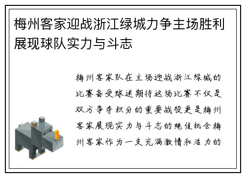 梅州客家迎战浙江绿城力争主场胜利展现球队实力与斗志