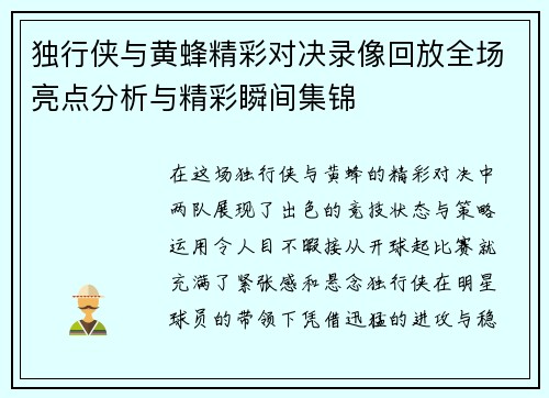 独行侠与黄蜂精彩对决录像回放全场亮点分析与精彩瞬间集锦