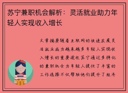 苏宁兼职机会解析：灵活就业助力年轻人实现收入增长