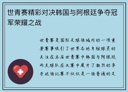世青赛精彩对决韩国与阿根廷争夺冠军荣耀之战