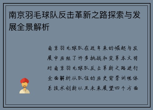 南京羽毛球队反击革新之路探索与发展全景解析