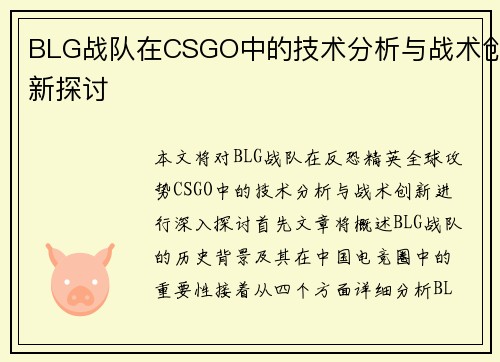 BLG战队在CSGO中的技术分析与战术创新探讨