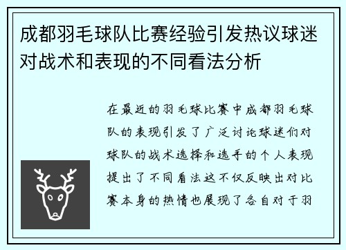 成都羽毛球队比赛经验引发热议球迷对战术和表现的不同看法分析