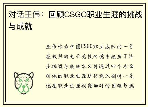 对话王伟：回顾CSGO职业生涯的挑战与成就