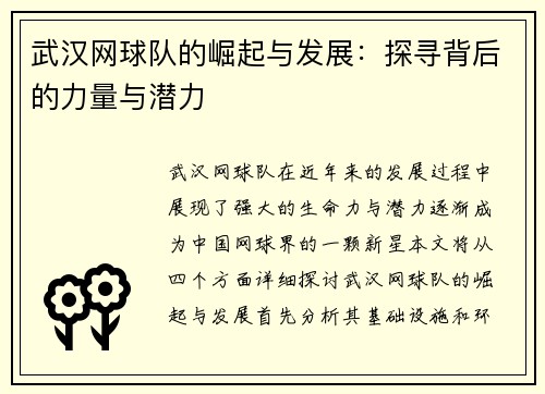武汉网球队的崛起与发展：探寻背后的力量与潜力